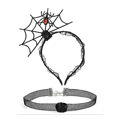 WASTEBIN Halloween Deutschland Haarreif, Punk-Spinnennetz-Form-Haarband und Cosplay-Spitzen-Halsband-Set, Halloween-Zubehör für Frauen und Mädchen, Karnevals- und Partyzubehör von WASTEBIN