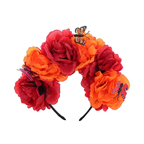 WASTEBIN Halloween Deutschland Haarreif, Tag der Toten Stirnband Halloween Krone mit Schmetterlingen Dekorationen Kostüm Cosplay Haar-Accessoire Mexikanisches Kopfstück von WASTEBIN