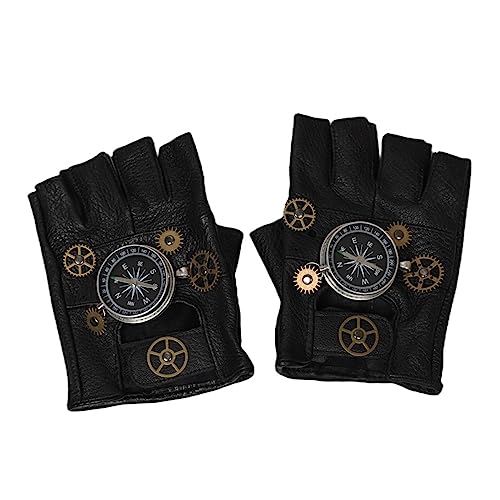 WASTEBIN Punk Handschuhe Mit Eleganten Kompass Zahnrädern Herren Halbfinger Handschuhe Schaffell Zubehör Für Männliche Und Weibliche Bühnen von WASTEBIN