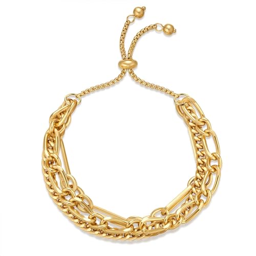 WATEFOER 18K Gold Armbänder für Damen Einstellbare Slider Armreif Armband Stapelbar Armbänder für Frauen Edelstahl Kette Armband Gold Schmuck Geschenke für Muttertag Geburtstag von WATEFOER