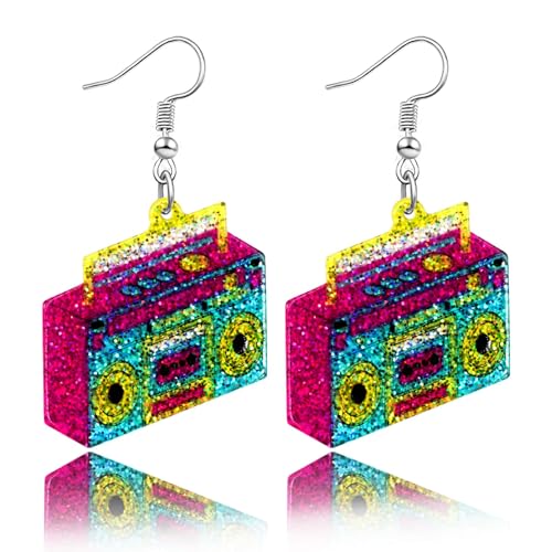 WATEFOER 1-3 Paar Neon Ohrringe für Damen Acryl Tropfen Ohrring Bunte 80er Jahre Ohrringe 80er 90er Jahre Outfit Damen Mädchen Halloween Retro Party Zubehör (Radio 1Stk) von WATEFOER