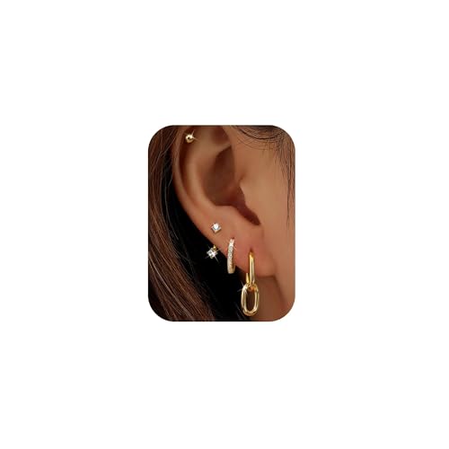 WATEFOER 4 Paar Ohrringe Gold Set, 14K Vergoldet Ohrringe Set für Mehrere Ohrlöcher, hypoallergen Edelstahl Ohrstecker, Tropfen Creolen Helix Piercings für Damen Muttertag-Geschenke von WATEFOER