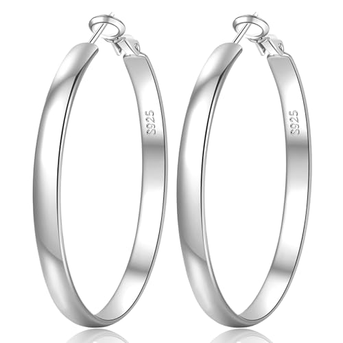 WATEFOER 5mm breite Creolen Gold für Damen S925 Silber Creolen Große Silber Ohrringe Hypoallergen Leichtgewicht Große Reifen-Ohrringe für Frauen Mädchen 40/50/60/70 mm von WATEFOER