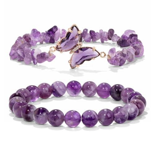 WATEFOER Amethyst Armband für Damen mit Schmetterling Charm und 8mm Kristall Perlen Stretch Armband in Lila von WATEFOER