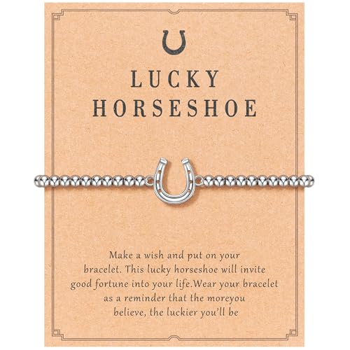 WATEFOER Armband Silber Damen, Perlen Armband mit Pferd/Eule/Schildkröte/Libelle/Schmetterling Anhänger, verstellbare Freundschafts Armbänder Modeschmuck Geschenke für Frauen Mädchen (Hufeisen) von WATEFOER