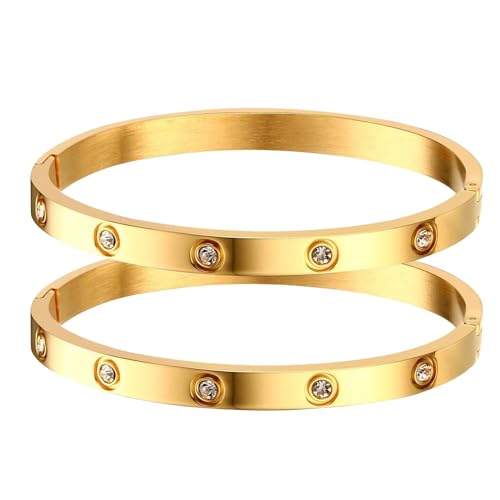 WATEFOER 2 Stück Armreif Gold Damen 18k Gold plattiert Edelstahl Armreif mit Zirkonia Steinen einfache Stil Liebe Armband Schmuck Muttertag Geburtstagsgeschenke für Paare Freundin von WATEFOER