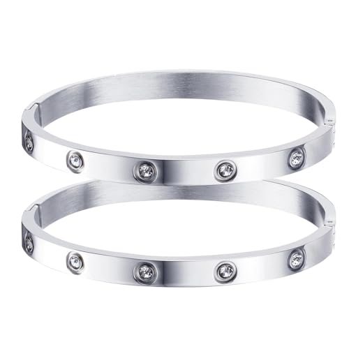 WATEFOER 2 Stück Armreif Gold Damen 18k Gold plattiert Edelstahl Armreif mit Zirkonia Steinen einfache Stil Liebe Armband Schmuck Muttertag Geburtstagsgeschenke für Paare Freundin von WATEFOER