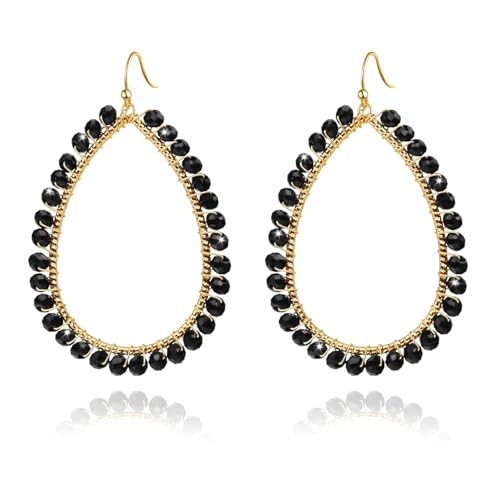 WATEFOER Böhmische Perlenstatement-Ohrringe, leichte Tropfen-Verzierungsohrringe, hohle funkelnde Kristall-Ohrringe mit goldfarbener Drahtwicklung für Frauen von WATEFOER