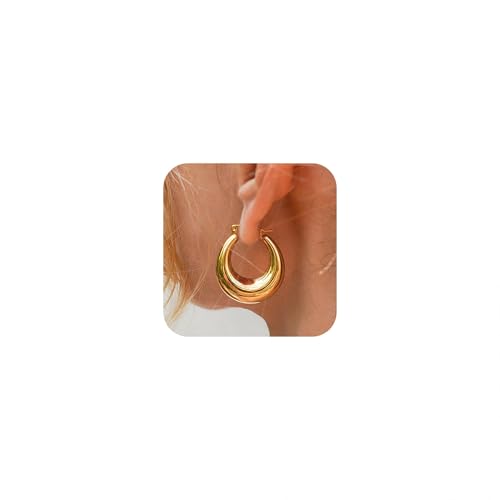 WATEFOER Chunky Gold Hoop Ohrringe für Damen, 18K Vergoldet Thick Huggie Ovale Creolen Hohle Röhre Hoop Ohrringe Hypoallergen Leichte Hoops Schmuck Geschenke für Valentinstag Muttertag (Gold) von WATEFOER