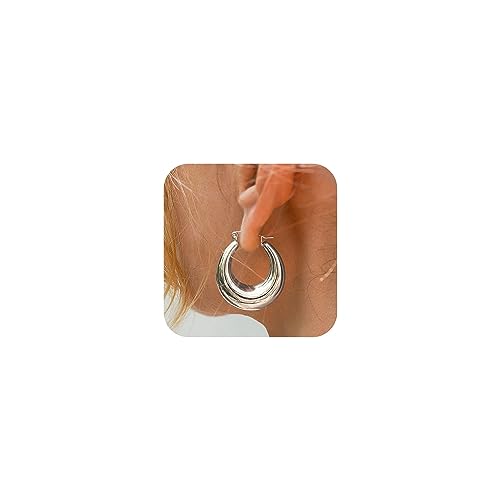 WATEFOER Chunky Gold Hoop Ohrringe für Damen, 18K Vergoldet Thick Huggie Ovale Creolen Hohle Röhre Hoop Ohrringe Hypoallergen Leichte Hoops Schmuck Geschenke für Valentinstag Muttertag (Silber) von WATEFOER