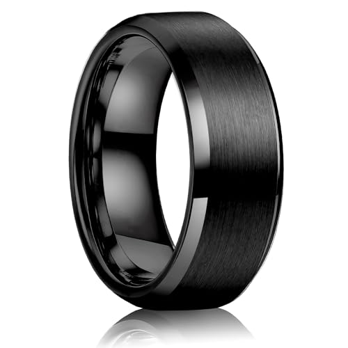 WATEFOER Edelstahl Ringe für Männer Frauen 8MM Hochzeit Band Ring Matte beendet Verlobungsringe abgeschrägten polierten Rand Versprechen Ringe für Männer (Schwarz, 10) von WATEFOER