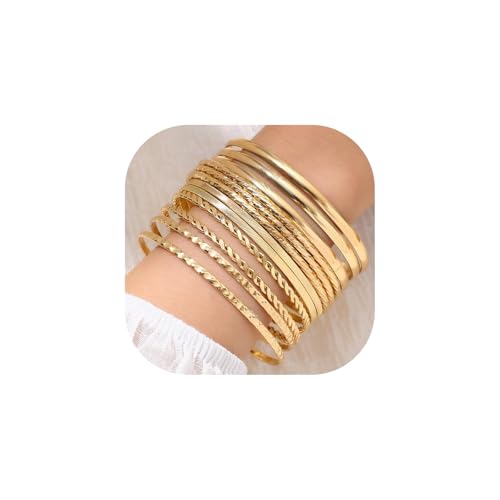 WATEFOER Gold Armreif Armbänder Set für Damen Boho Mehrschichtige Stapelbar Strukturierte Armbänder Indische Chunky Armreif Armband (A-12pcs) von WATEFOER