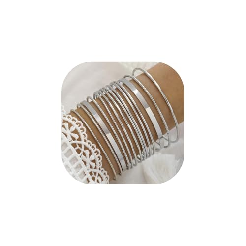 WATEFOER Gold Armreif Armbänder Set für Damen Boho Mehrschichtige Stapelbar Strukturierte Armbänder Indische Chunky Armreif Armband (B-Silber 14pcs) von WATEFOER