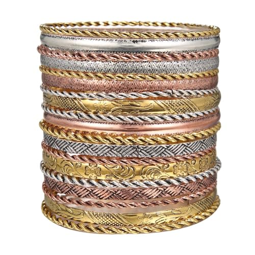 WATEFOER Gold Armreif Armbänder Set für Damen Boho Mehrschichtige Stapelbar Strukturierte Armbänder Indische Chunky Armreif Armband (C-Multicolor 19pcs) von WATEFOER