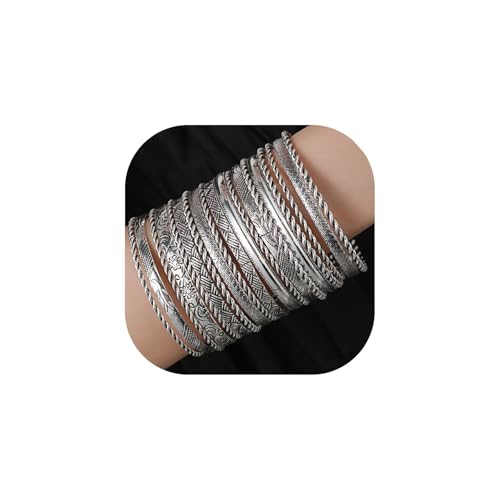 WATEFOER Gold Armreif Armbänder Set für Damen Boho Mehrschichtige Stapelbar Strukturierte Armbänder Indische Chunky Armreif Armband (C-Silber 19pcs) von WATEFOER