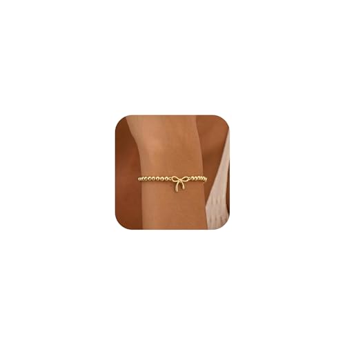 WATEFOER Gold Perlen Armbänder für Damen 14K Vergoldet Stretch Perlenarmbänder mit Anhänger Handgefertigtes Kugel Charm Armband Schmuck Geschenke (Bogen) von WATEFOER