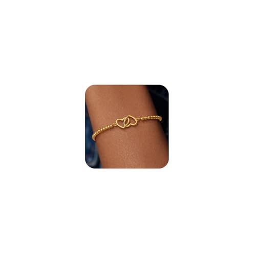 WATEFOER Gold Perlen Armbänder für Damen 14K Vergoldet Stretch Perlenarmbänder mit Anhänger Handgefertigtes Kugel Charm Armband Schmuck Geschenke (Herz) von WATEFOER