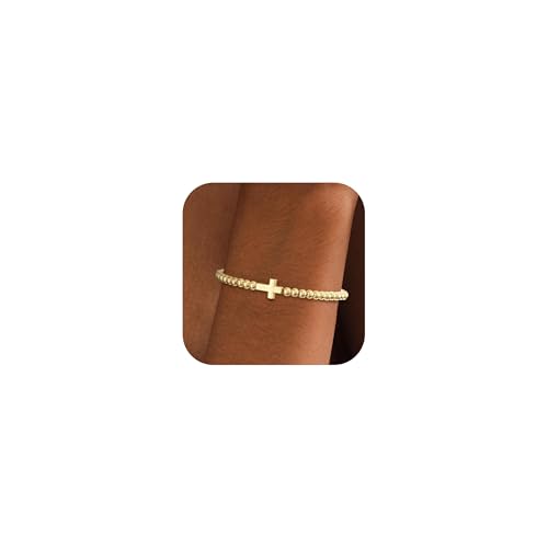 WATEFOER Gold Perlen Armbänder für Damen 14K Vergoldet Stretch Perlenarmbänder mit Anhänger Handgefertigtes Kugel Charm Armband Schmuck Geschenke (Kreuz) von WATEFOER