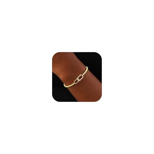 WATEFOER Gold Perlen Armbänder für Damen 14K Vergoldet Stretch Perlenarmbänder mit Anhänger Handgefertigtes Kugel Charm Armband Schmuck Geschenke (Quadrat-CZ) von WATEFOER