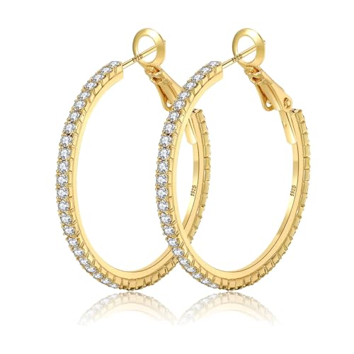 WATEFOER Große Strass-Reifen-Ohrringe für Damen Mädchen dünne runde Creolen hypoallergene Gold Creolen 14K vergoldet Ohrringe Schmuck Geschenke 40/50/60/70mm von WATEFOER