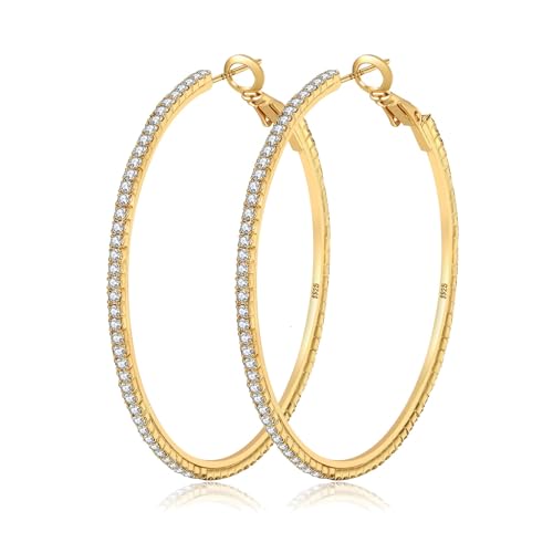WATEFOER Große Strass-Reifen-Ohrringe für Damen Mädchen dünne runde Creolen hypoallergene Gold Creolen 14K vergoldet Ohrringe Schmuck Geschenke 40/50/60/70mm von WATEFOER