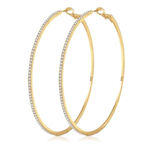 WATEFOER Große Strass-Reifen-Ohrringe für Damen Mädchen dünne runde Creolen hypoallergene Gold Creolen 14K vergoldet Ohrringe Schmuck Geschenke 40/50/60/70mm von WATEFOER