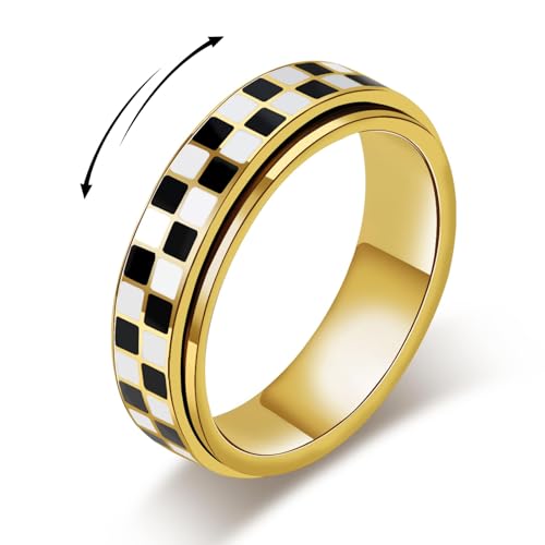 WATEFOER Karierter Fidget Ring für Damen, 18K Vergoldet Edelstahl Angst Spinner Ringe Schwarz-Weiß Schachbrett Rotierender Ring Angst & Stressabbau Geschenk für Damen Herren (10) von WATEFOER