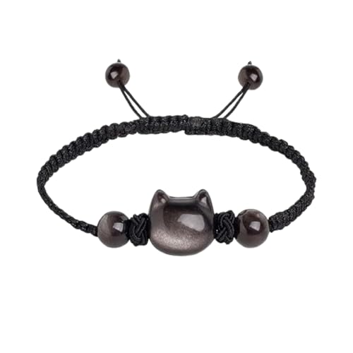 WATEFOER Katze Armband für Damen Männer, 8mm schwarz Obsidian Armbänder einstellbar Strecke Armband Katze Schmuck Geschenke für viel Glück Geld Attraktion (Zeichenfolge) von WATEFOER