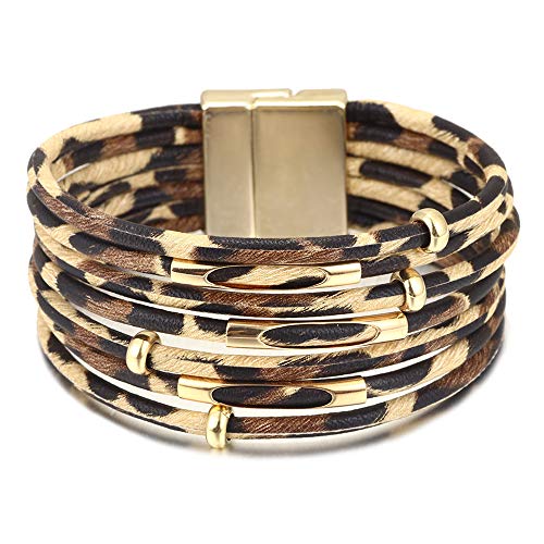 WATEFOER Leder Wrap Armbänder für Damen, Boho Leopard Multi-Layer Kristall Perlen Manschette Armband mit magnetischen Schnalle stapelbar Armband Schmuck Geschenke für Muttertag von WATEFOER
