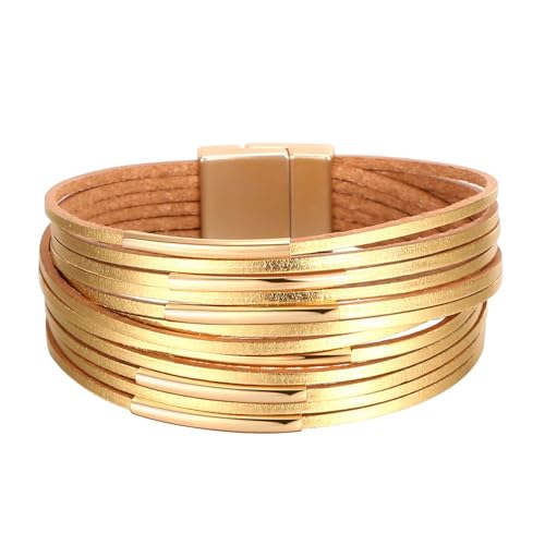 WATEFOER Leder Wrap Armbänder für Damen, Boho Leopard Multi-Layer Kristall Perlen Manschette Armband mit magnetischen Schnalle stapelbar Armband Schmuck Geschenke für Muttertag von WATEFOER