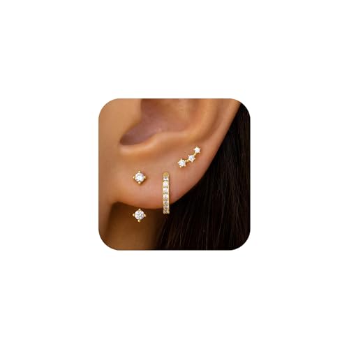 WATEFOER Ohrringe Gold Set, 3 Pcs Huggie Hoop Jacke Ohrstecker Stack für mehrere Piercing, hypoallergen 925 Sterling Silber Post Dainty Geburtsstein Modeschmuck Geschenke (Weißer Diamant(Gold)) von WATEFOER
