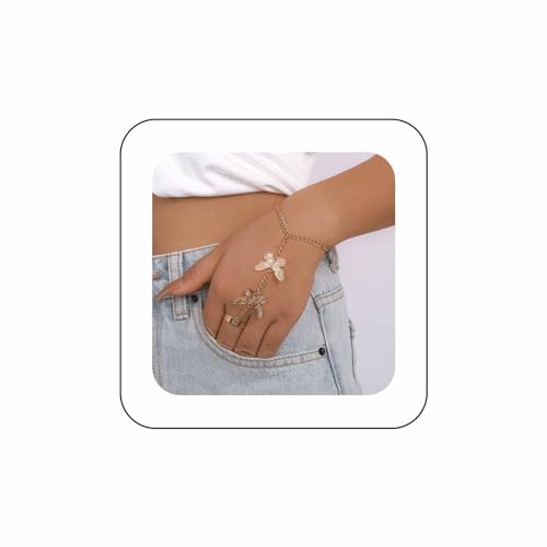 WATEFOER Goldene Handkette Armband Mit Fingerring, Schmetterling Fingerring Armkette Sklavenkette Handgeschirr Armreif Zierliche 18k Gold Ring Armband für Frauen von WATEFOER