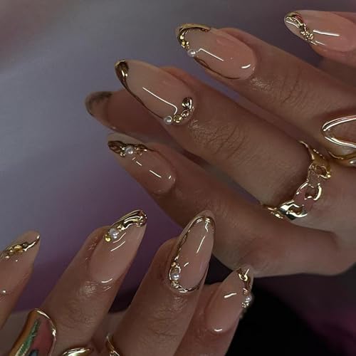 24pcs Mandelpresse Auf Nägeln Golddesigns Französisch Gefälschte Nägel Acryl False Nails Künstliche Nägel Kleber Auf Nägeln Für Frauen von WATERBELINE