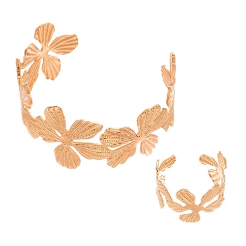 WATERBELINE Blumen-Beacelet, 2 Stück, Blumen-Armband und Ringe, Set aus stabilem Metall, für Damen, mit verstellbarer Größe von WATERBELINE