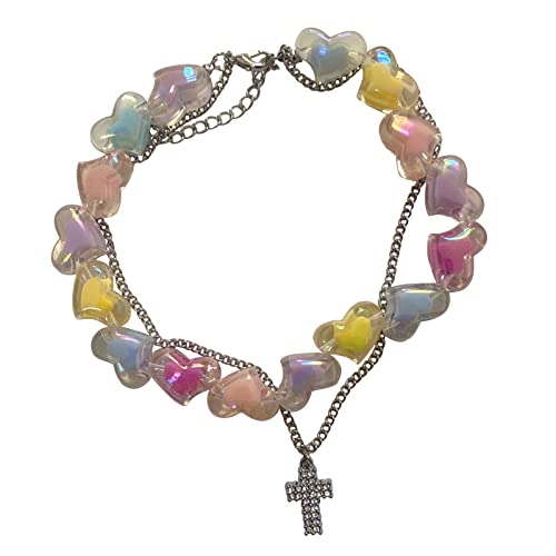 WATERBELINE Egirl Schmuck Coole Perlen Kreuz Anhänger Halskette DIY Mode Herz Stern Halsband Halskette für Frauen Punk Zubehör von WATERBELINE