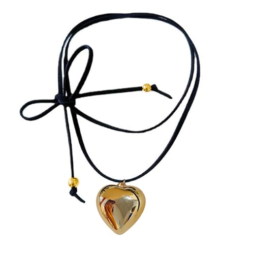 WATERBELINE Herz-Halskette,Liebes-Herz-Anhänger-Halskette,schwarzes Wachsseil,Choker-Halsketten für Frauen,elegantes Zugseil,verstellbare Schlüsselbeinkette von WATERBELINE