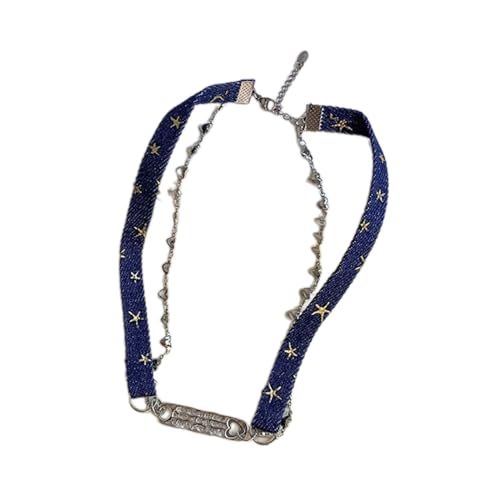 WATERBELINE Ketten-Halskette,stilvolle doppellagige Ketten-Halskette,Denim-Seil-Halskette,Kettenhalsband,Punk-Halsschmuck,Denim-Material für die tägliche Party von WATERBELINE