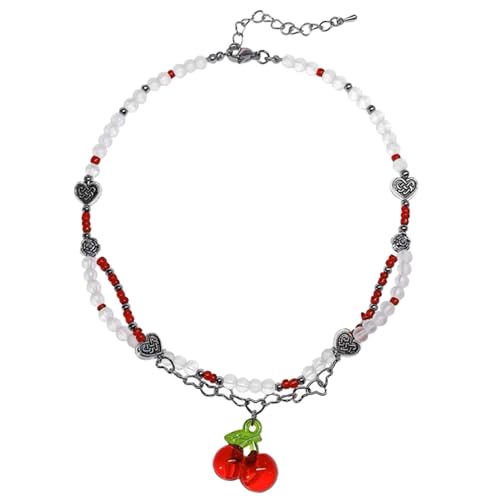 WATERBELINE Modische Halskette,rote Kirsch-Reisperlen-Halskette,verstellbare Länge,zarter Kirsch-Anhänger,Choker-Schmuck für Frauen,einzigartige Schlüsselbeinkette von WATERBELINE