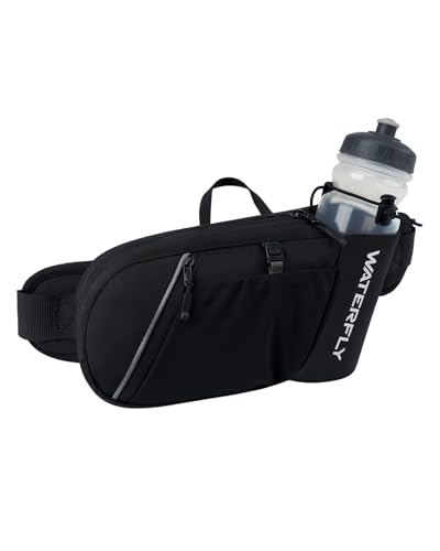 WATERFLY Bauchtasche Herren Damen mit Flaschenhalter: Sportliche Klein Gürteltasche Stylische Joggen Hüfttasche Gassi Bumbag Hundetraining Bum Belt MTB Hipbag Reisen Bauchbeutel Sport Hip Bag von WATERFLY