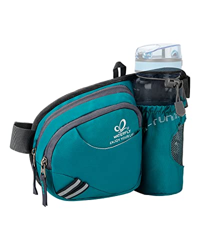 WATERFLY Gürteltasche Bauchtasche mit Flaschenhalter Damen und Herren, Atmungsaktiv Sport Hüfttasche für Laufen Radfahren Camping Klettern Reisen Wandern Joggen Hundetraining (Türkis) von WATERFLY
