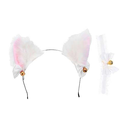 WATIIFUFU 1 Satz Glocke Choker Stirnband flauschige Ohr-Kopfbedeckung Haargummi mit Schleife kreativer Kragen tierhaarreifen hochzeitsdeko Cosplay-Kragen Festival-Haarband Stoff Weiß von WATIIFUFU