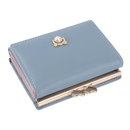 WATIIFUFU 1stück Pu Leder Geldbörse Für Damen Faltbar Mit Perlendekor Kleine Multi-Karten Brieftasche Für Reisen Blau Handgefertigte Verarbeitung Kompakt Und Leicht von WATIIFUFU
