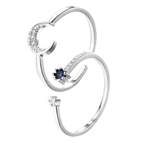 WATIIFUFU 2 Stück Teiliges Verstellbares Damen Offener Ring Kreatives Design mit Blauer Stein Glitzer mond Modischer Schmuck für Alltag Party Geschenk zu Geburtstag und Festen von WATIIFUFU