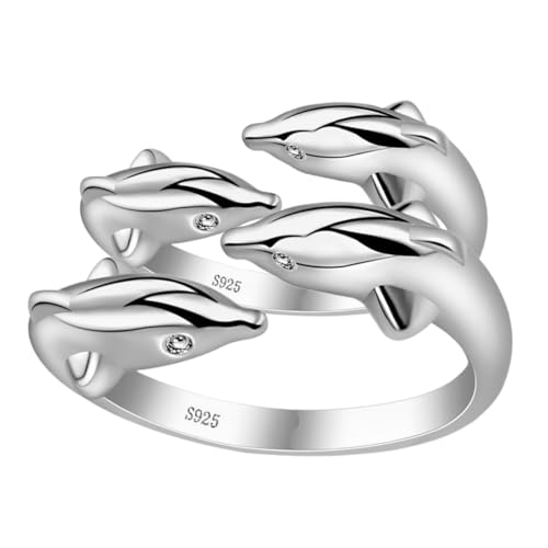 WATIIFUFU 2 Stücke Verstellbarer Damenring Doppel-delfin Offener Kupferring Poliert Eleganter Meeres Schmuck Geschenk von WATIIFUFU