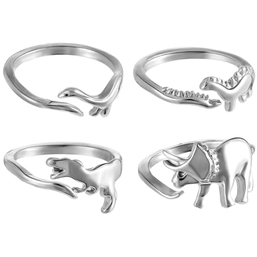 WATIIFUFU 4 Stück Teiliges Dinosaurier Ringe Verstellbare Offene Fingerringe für Frauen und Männer Langlebiger Kratzfester Schmuck Einzigartiges Dinosaurier Design für Alltag und Party von WATIIFUFU
