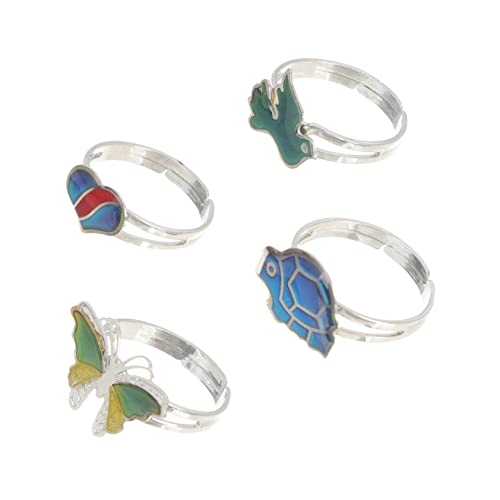 WATIIFUFU 4 Stück Teiliges Verstellbares Stimmungsring für Teen und Cartoon Tiermotive Farbwechselring Temperaturreaktiver Modeschmuck Modisch und Geschenkidee Zufällige Zufällige Farbe von WATIIFUFU