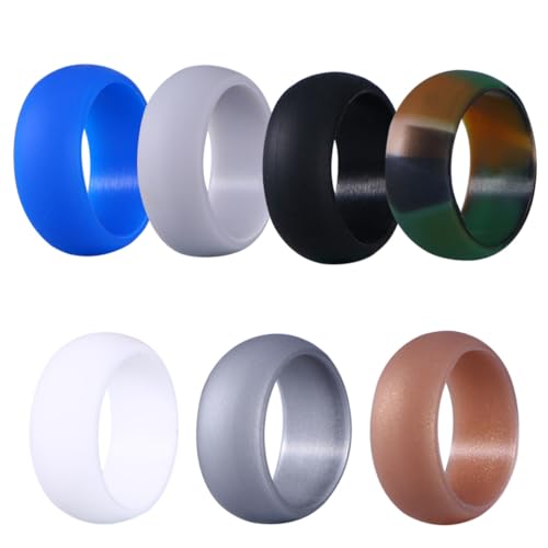 WATIIFUFU 7 Stück Teiliges Silikonring Herren Wasserfeste Rubber Wedding Bands Ergonomisch Glatt Vielseitig für Große oder Geschwollene Finger Modische Eheringe in Camouflage Gold Silber von WATIIFUFU