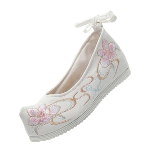 WATIIFUFU Antike Bestickte Hanfu Schuhe Damen Ethno Keilabsatz Slope Heel Bühnenperformance Schuhe Weiß rutschfeste Sohle Atmungsaktiv Bequem Langlebig Traditioneller Stil von WATIIFUFU