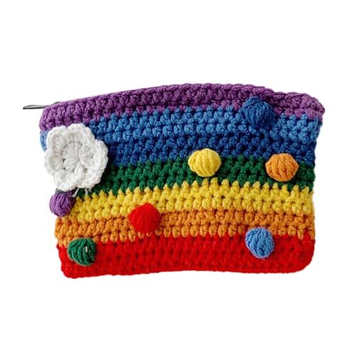 WATIIFUFU Bunte Wolltasche Handgestrickt mit Blumen und Kugeln Langlebige Regenbogen Geldbörse für Münzen und Schlüssel Kreatives Portemonnaie als für Familie und Freunde von WATIIFUFU