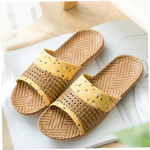WATIIFUFU Damen Hausschuhe Gelb mit Druck Offene Zehen Rutschfest Dicke Sohle Atmungsaktiv Flache Slipper für Zuhause Modische Sommerschlappen für Innen und Außen von WATIIFUFU